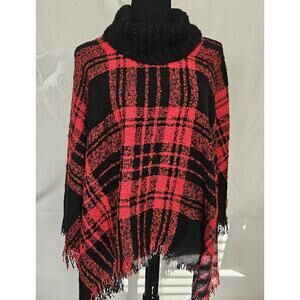 Steve Madden Buffalo Plaid Boucle Sweater Poncho Fringe Turtleneck Cottagecore